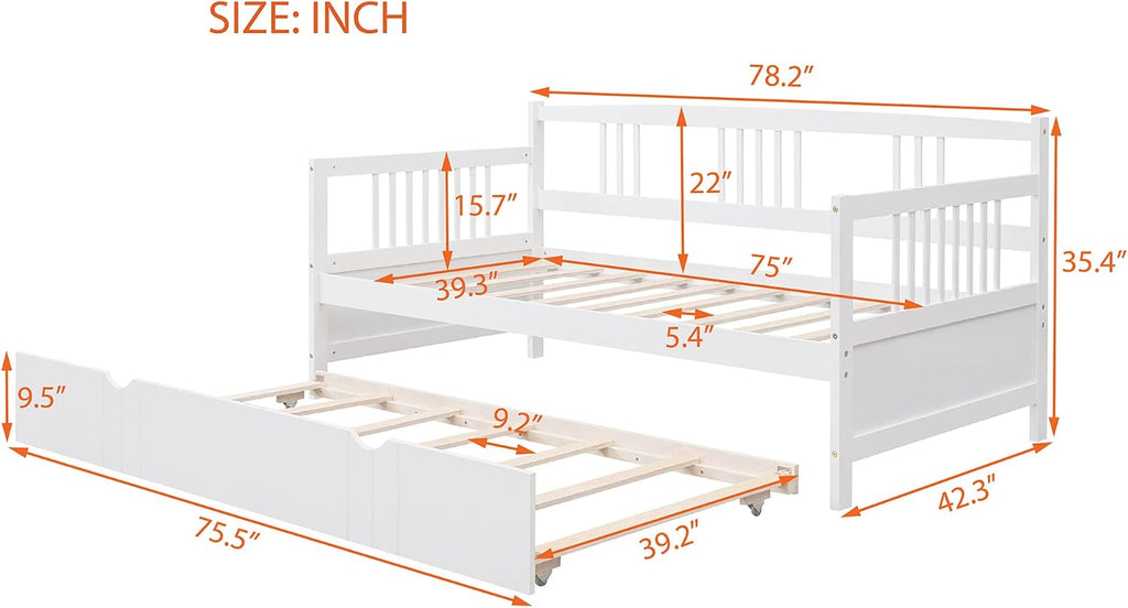 Merax Daybed with Trundle Bed Wooden Slats Support Modern Living Daybed with Rails, Twin Size, White