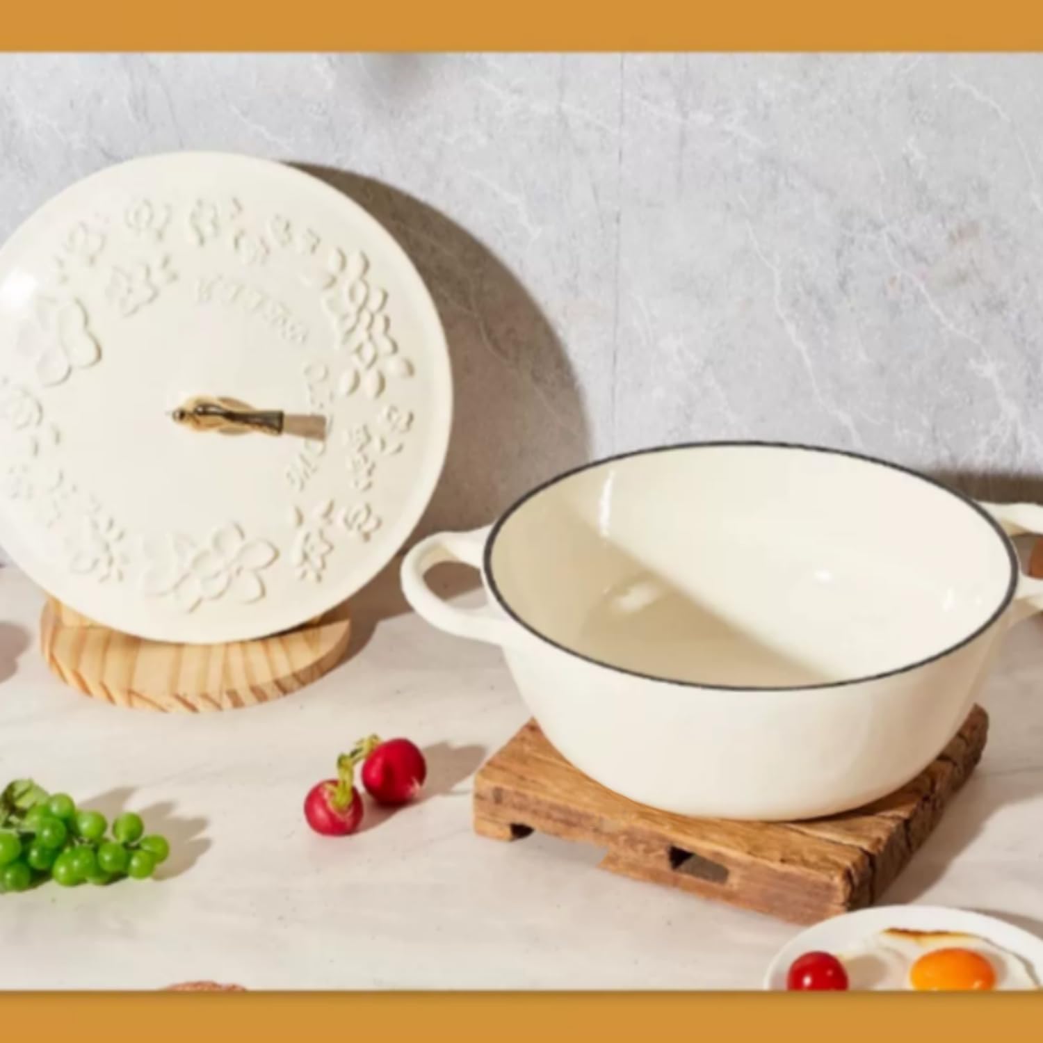Enameled Cast Iron Dutch Oven with Lid – Non Stick Dutch Oven Pot – Sturdy Ovenproof Stockpot Cookware – Enamelled Cooking Pot – Garden Series – Oversized Handles (White) (1.7Qt)