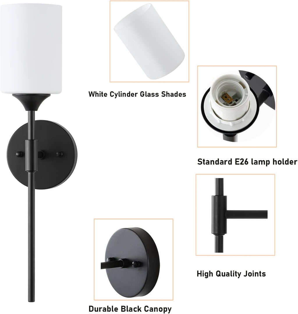 BYOLIIMA Mid Century Modern Wall Lamp 2 Pack with White Cylinder Glass Shades Matte Black Wall Sconce Bathroom Vanity Lighting Industrial Farmhouse Wall Light Fixtures for Mirror Bedroom Living Room