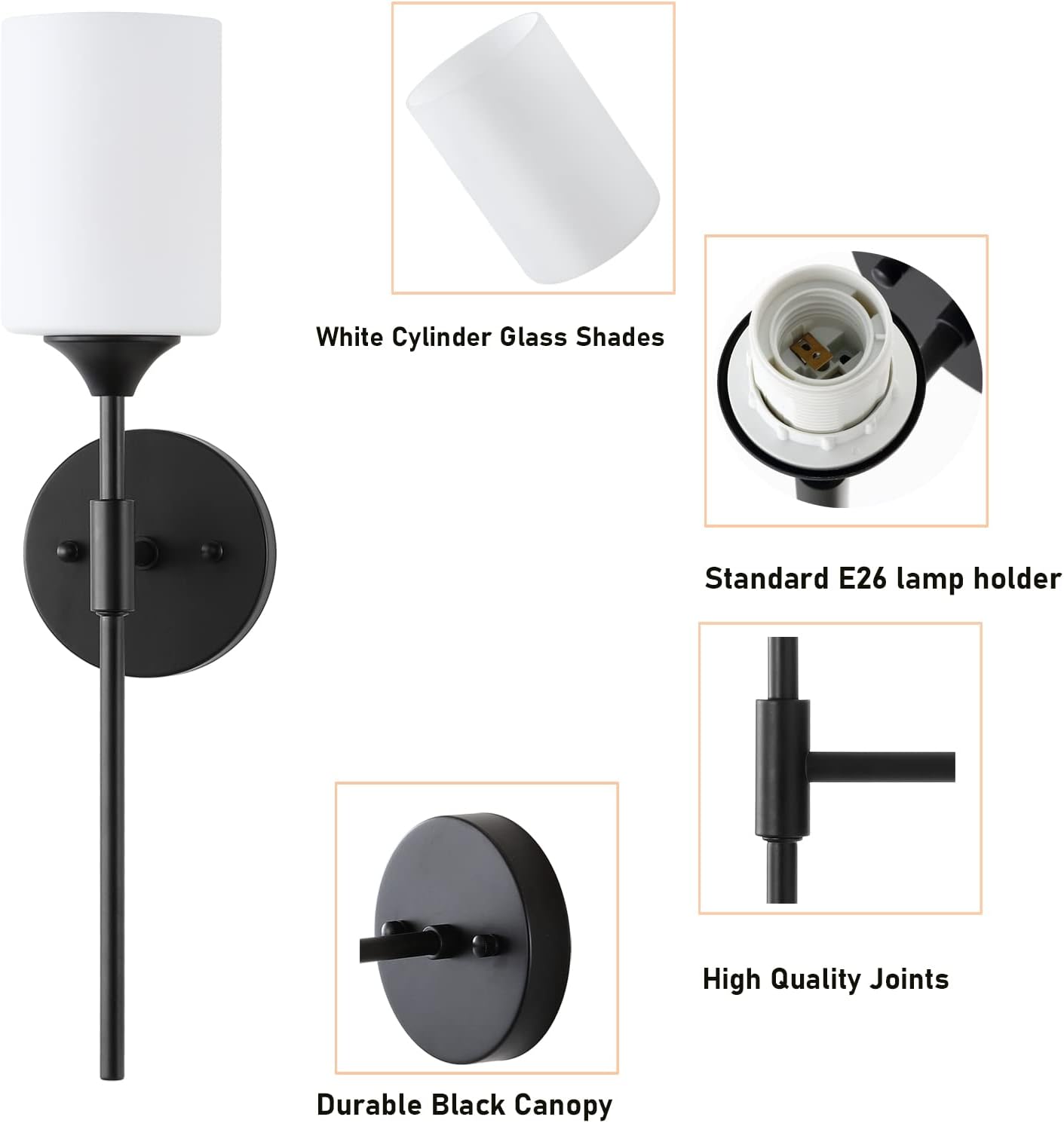 BYOLIIMA Mid Century Modern Wall Lamp 2 Pack with White Cylinder Glass Shades Matte Black Wall Sconce Bathroom Vanity Lighting Industrial Farmhouse Wall Light Fixtures for Mirror Bedroom Living Room