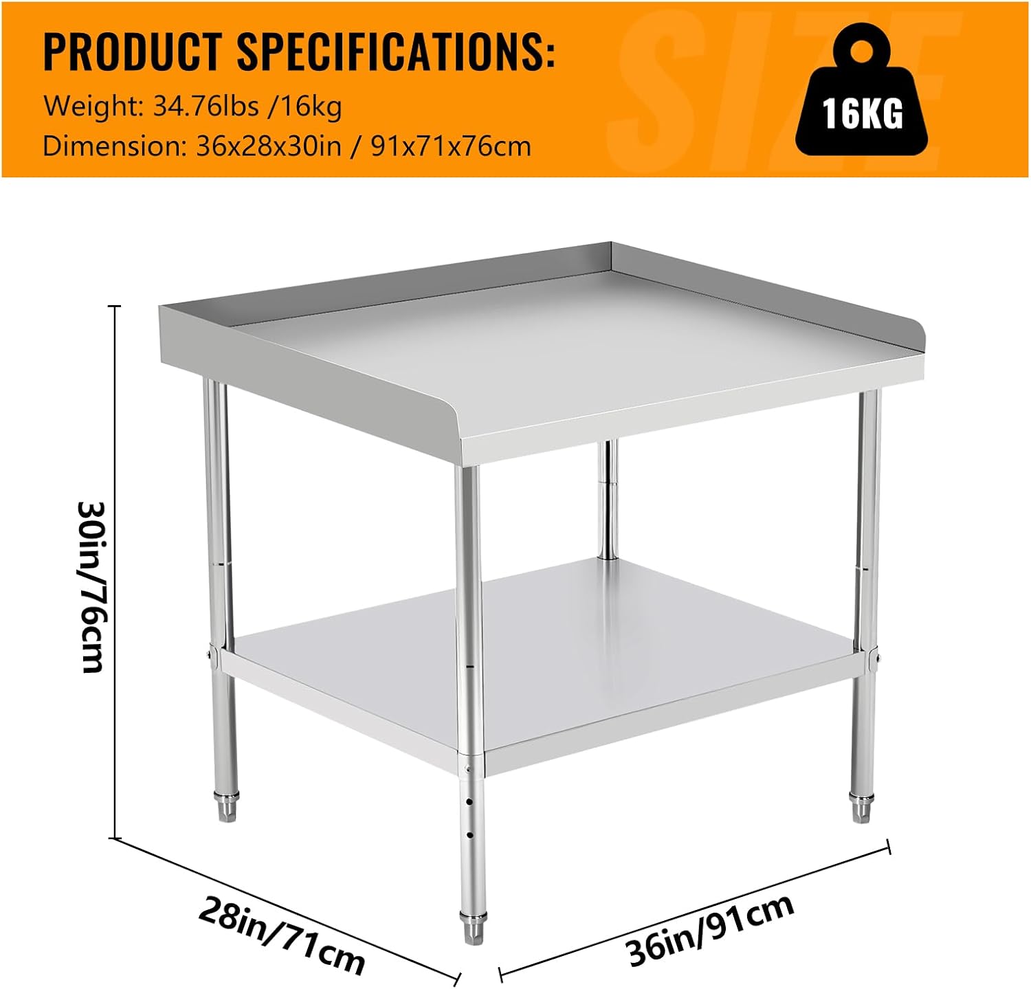 36'x28'x30' Stainless Steel Grill Stand Table, NSF Certified, 400 lbs Capacity, Adjustable Legs, 3-Sided 2' Edge Baffle for Kitchen, Restaurant, Hotel
