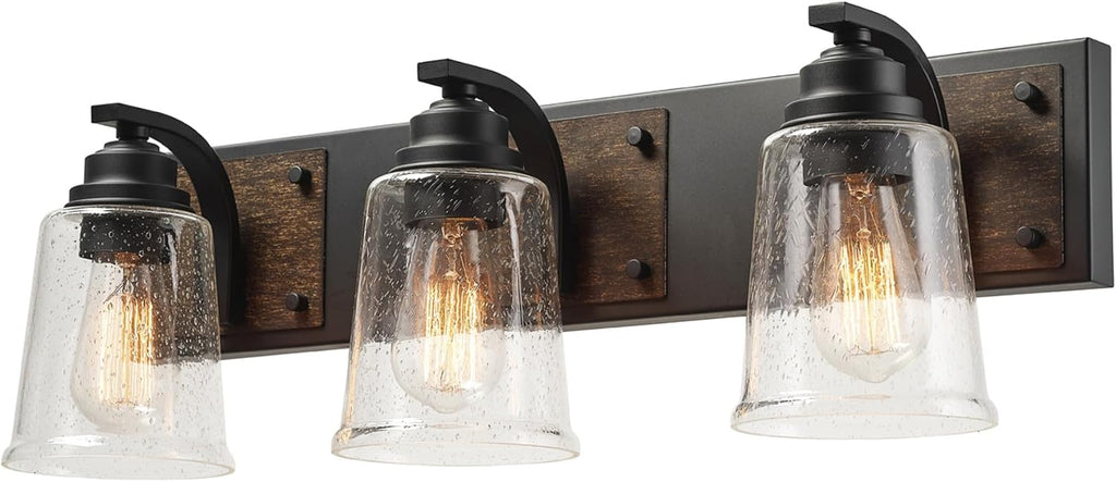 Globe Electric 51852 3-Light Vanity Light, Bathroom Wall Fixture, Matte Black and Dark Faux Wood Finish, Clear Seeded Glass Shades, E26 Base, Dimmable