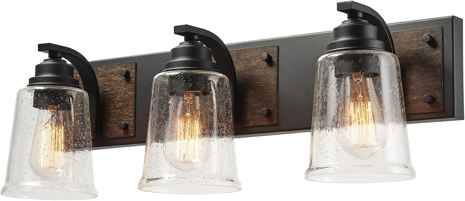 Globe Electric 51852 3-Light Vanity Light, Bathroom Wall Fixture, Matte Black and Dark Faux Wood Finish, Clear Seeded Glass Shades, E26 Base, Dimmable