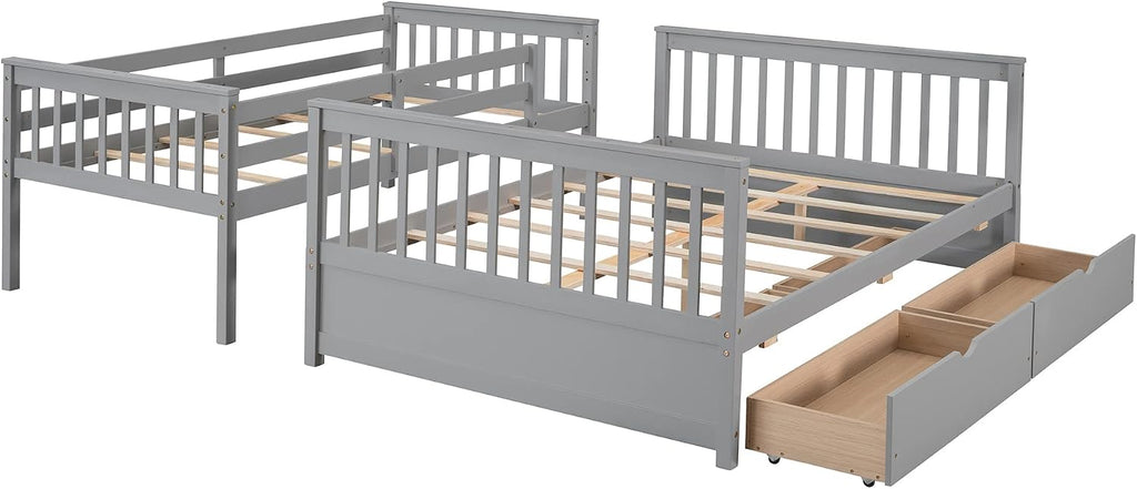 Harper & Bright Designs Twin Over Full Bunk Bed with Two Storage Drawers, Guardrails and Ladder, Solid Wood Bunk Bed Convertible to 2 Separated beds (Grey)