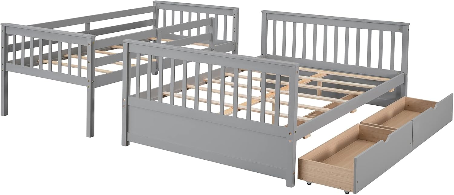 Harper & Bright Designs Twin Over Full Bunk Bed with Two Storage Drawers, Guardrails and Ladder, Solid Wood Bunk Bed Convertible to 2 Separated beds (Grey)