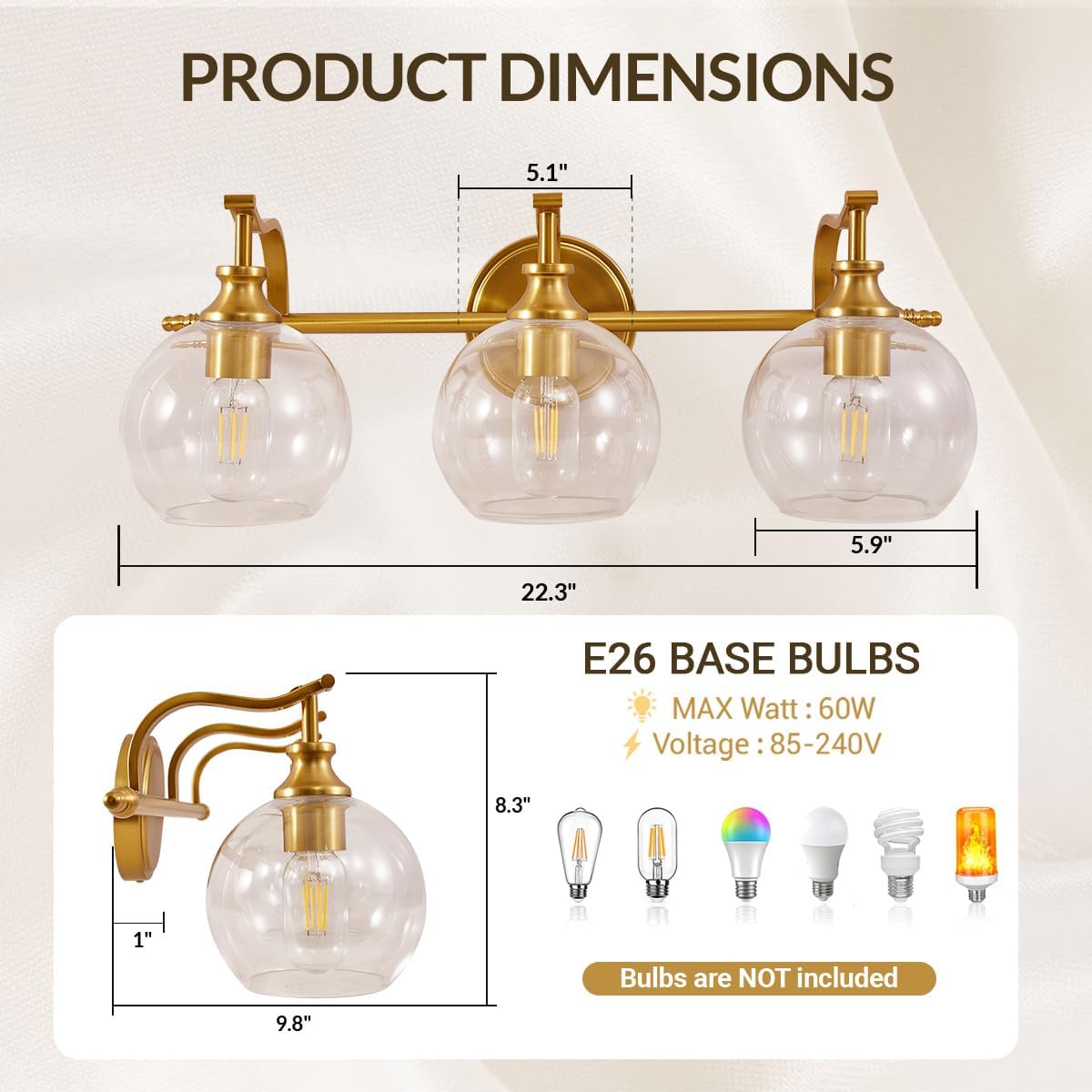 ANDY STAR Bruhsed Gold Bathroom Light Fixtures, Gold 3 Light Bathroom Vanity Lights, 3 Lights Wall Light with Globe Clear Lampshade, Vintage Brass Sconce with Metal Lamp Body for Bedroom, Living Room