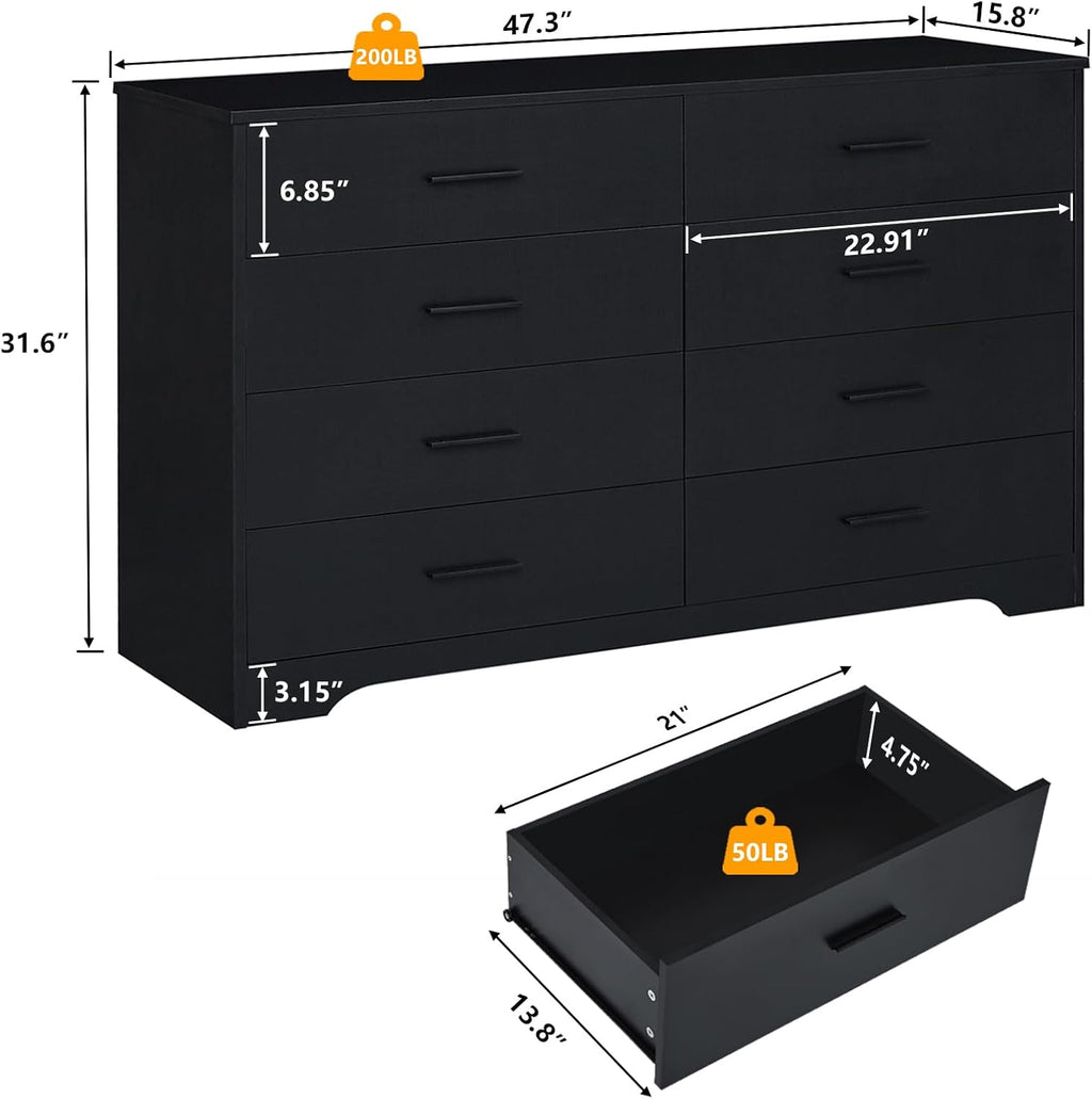 LIDYUK Black Dresser for Bedroom, 8 Drawer Dressers & Chests of Drawers, Modern Wood Dresser, 48 Inch Wide Chest of Drawers for Bedroom, Hallway, Living Room