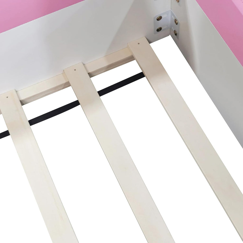 VilroCaz Twin Size Upholstered Daybed Frame with Fence and Stairs, Montessori Kids Floor Bed with Sturdy Slat Support for Kids Boys Girls