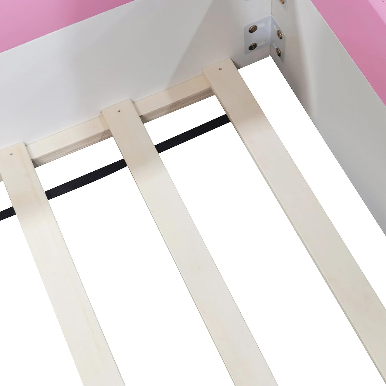 VilroCaz Twin Size Upholstered Daybed Frame with Fence and Stairs, Montessori Kids Floor Bed with Sturdy Slat Support for Kids Boys Girls