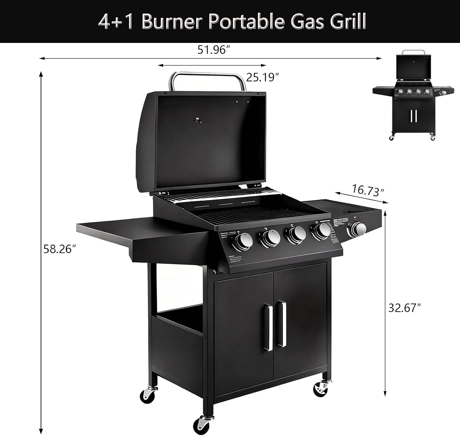 Propane Barbecue Grill with Side Burner and 4 Main Burners,Stainless Steel Barbecue Grill with Wheels and Storage,Griddle Grill Combo for Outdoor Cooking and Patio Barbecues