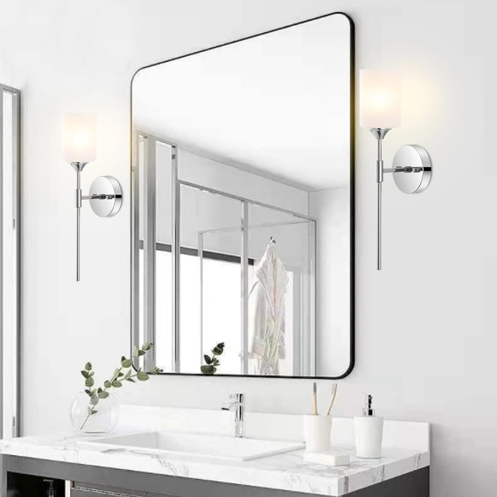 BYOLIIMA Modern Wall Sconce Set of 2 White Cylinder Glass Shades Mid Century Bathroom Vanity Wall Light Fixtures Industrial Wall Lamp for Bedroom Mirror Living Room Restaurant(Chrome Color)