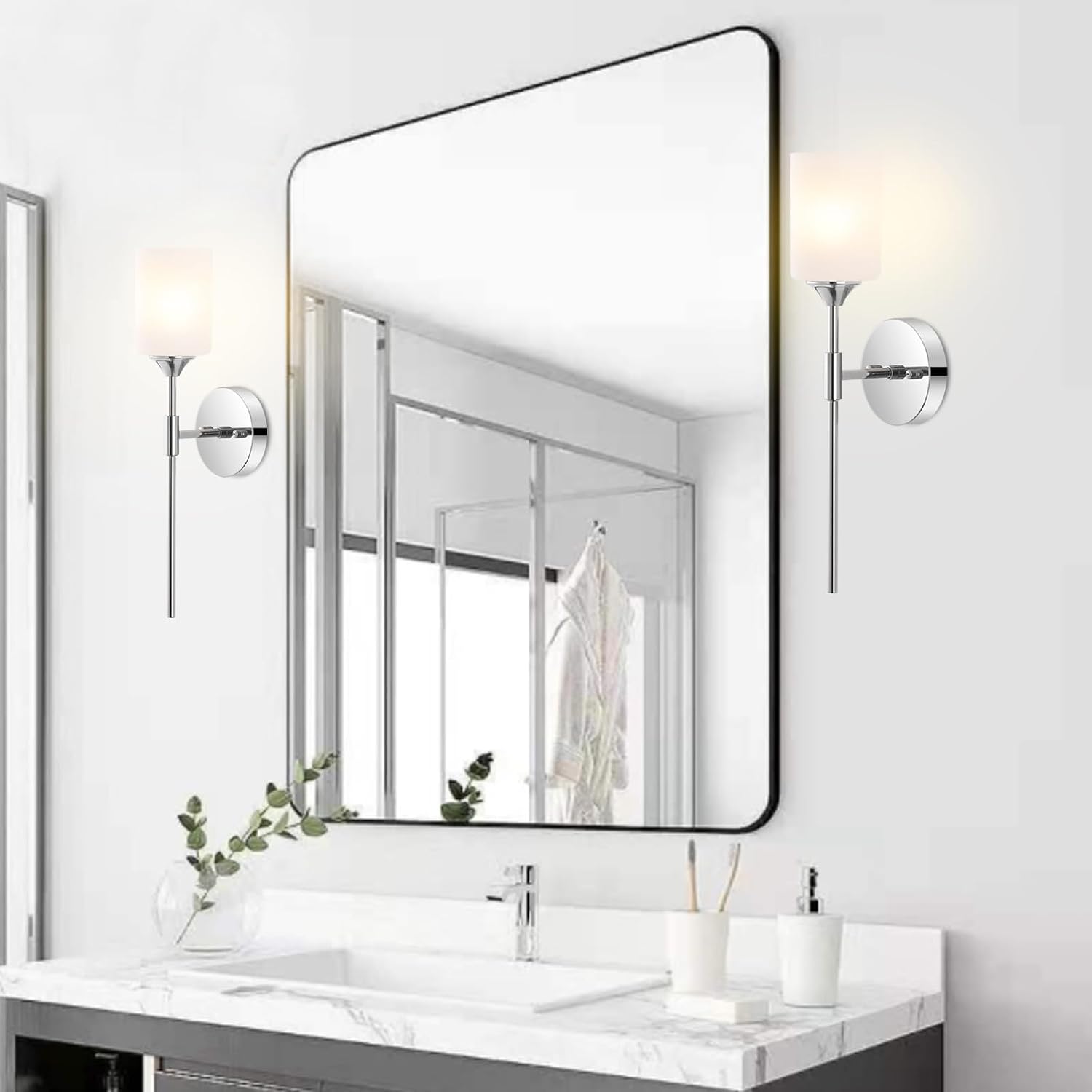 BYOLIIMA Modern Wall Sconce Set of 2 White Cylinder Glass Shades Mid Century Bathroom Vanity Wall Light Fixtures Industrial Wall Lamp for Bedroom Mirror Living Room Restaurant(Chrome Color)