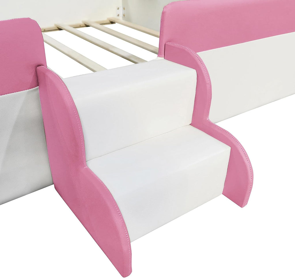VilroCaz Queen Size Upholstered Daybed Frame with Fence and Stairs, Montessori Kids Floor Bed with Sturdy Slat Support for Kids Boys Girls