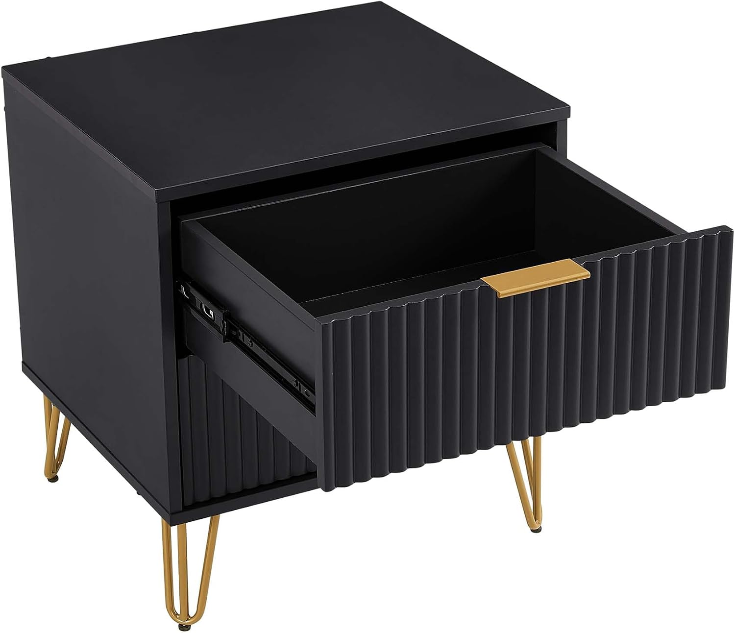 Manhattan Comfort Dumbo Modern Nightstand 2.0 with 2 Metal Feet | Splayed Gold Legs | Vertical Ribbed Design | No Tool Assembly Storage for Bedroom, Set of 2, Black
