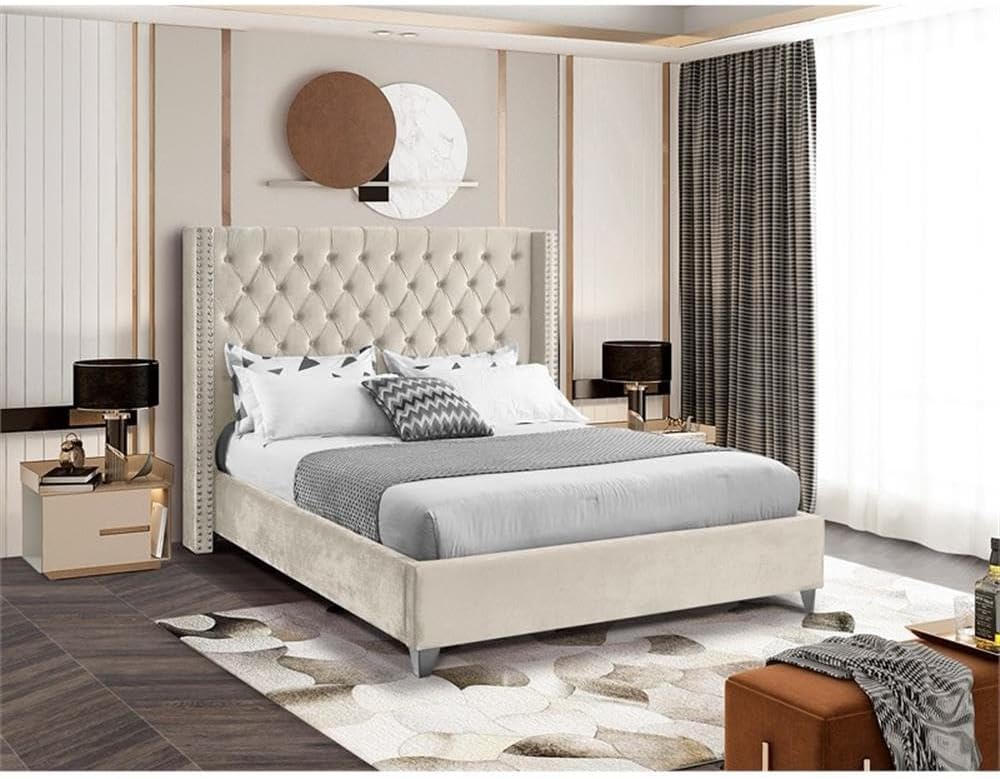Meridian Furniture Aiden Collection AidenCream-K Modern | Contemporary Velvet Upholstered Bed with Deep Button Tufting, Solid Wood Frame, and Custom Chrome Legs, King, Cream, 88' W x 86' D x 56' H