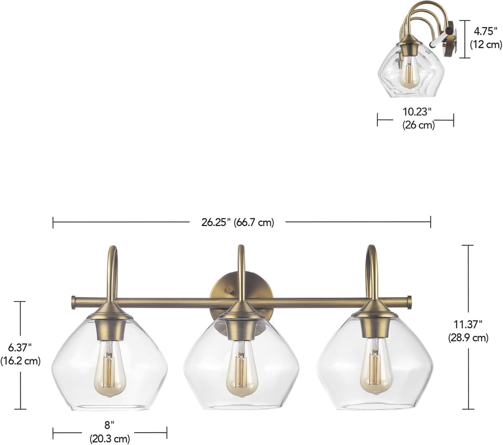 Globe Electric 63000103 26' 3-Light Vanity Fixture, Brass Finish, Clear Glass Shades, Beauty Room Accessories, Bathroom Lighting Over Mirror, Makeup Lights, Wall Light, Home Essentials, House Décor