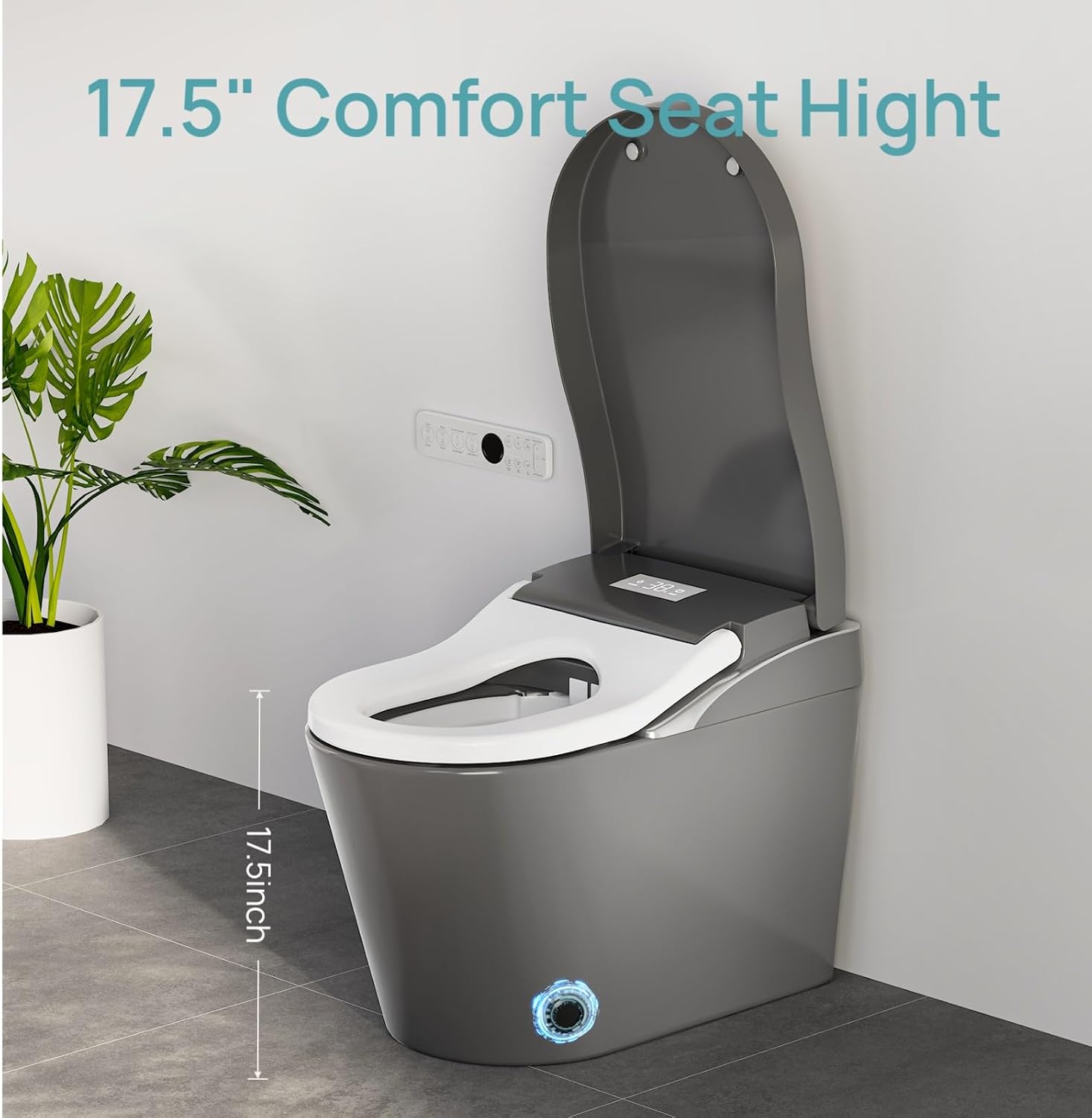 Modern Smart Toilet With Bidet, Auto Flush, Auto Open/Close,Heated Seat, Warm Water and Dry, 17.5' Comfort Height, Remote Control Gray