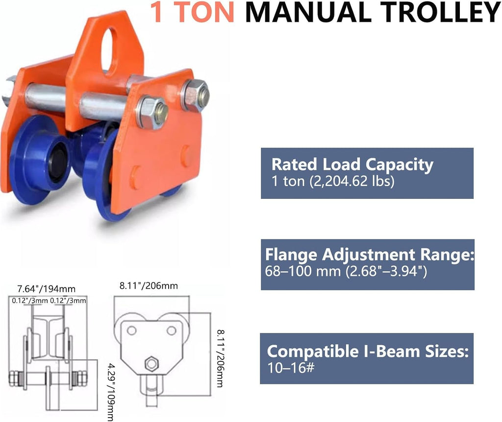 1-3 Tons | 2200-6600 Lb Capacity,manual Hand Truck,steel Push Beam Hand Truck,adjustable Flange Width 2.7 Inches - 5.5 Inches,suitable For Garages,warehouses,construction Sites(1ton/2200lbs)