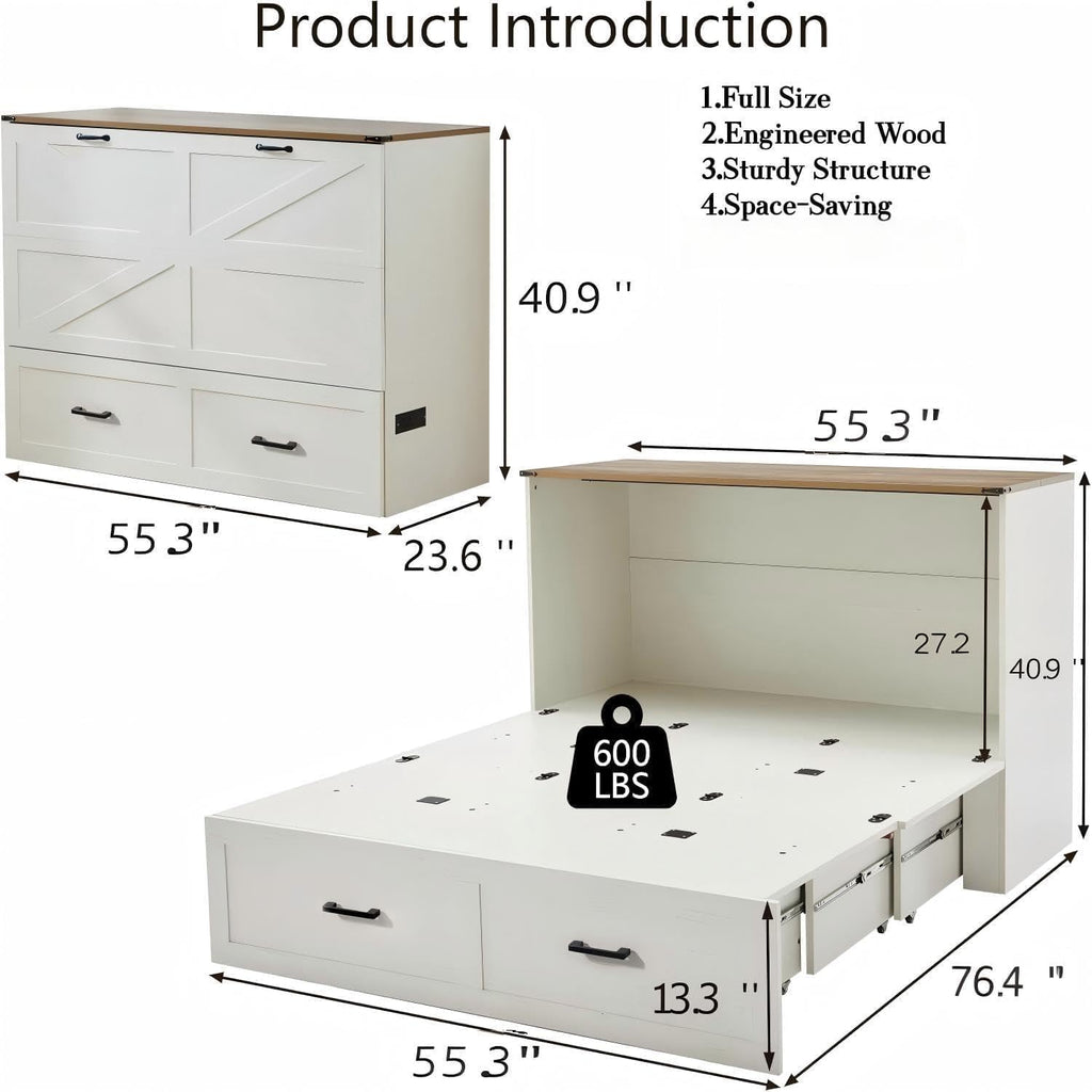 Full Murphy Bed Cabinet with Charging Station and Storage, Farmhouse Foldable Platform Bed for Bedroom, Living Room, Guest Bedroom,Home Office,Rutic White (Full Size)
