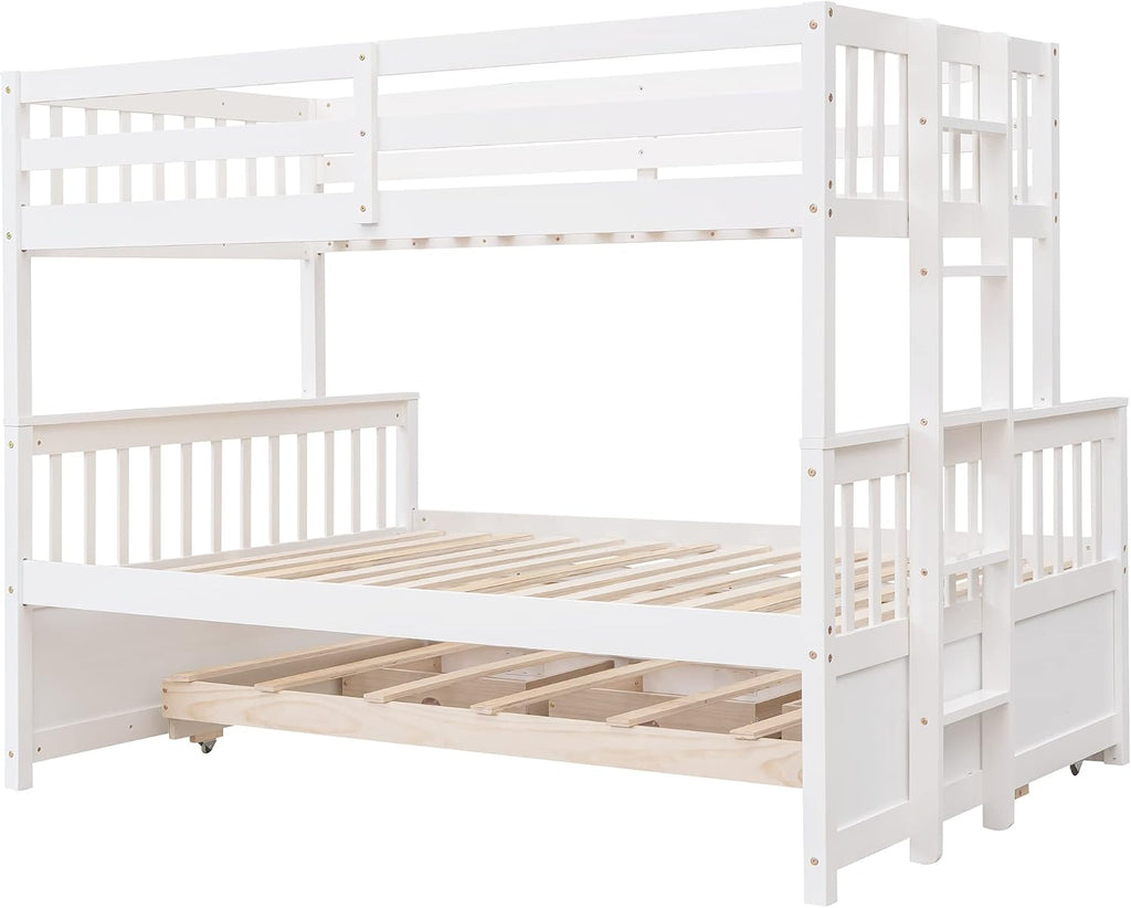 Harper & Bright Designs Twin Over Full Bunk Bed with Trundle, Solid Wood Bunk Bed Frame with Storage Drawers, for Kids Teens Adults (White)
