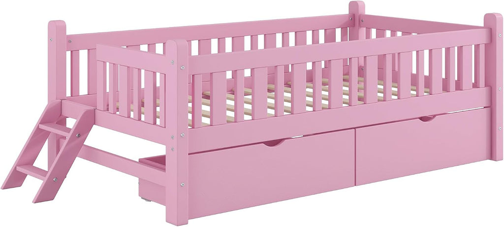 VilroCaz Twin Size Platform Bed with Guardrail and 2 Drawers, Wood Kids Platform Bed Frame with Two-Step Ladder for Boys Girls, Sturdy Slats Support (Pink-1.26)