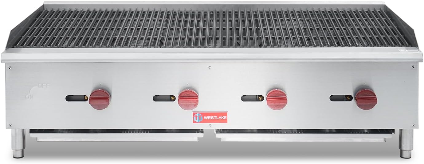WESTLAKE 48'W Commercial Charbroiler Gas Countertop 4 Burner Natural Gas and Propane 120,000 BTU Char Broiler Stainless Steel BBQ Stove Grill for Restaurants