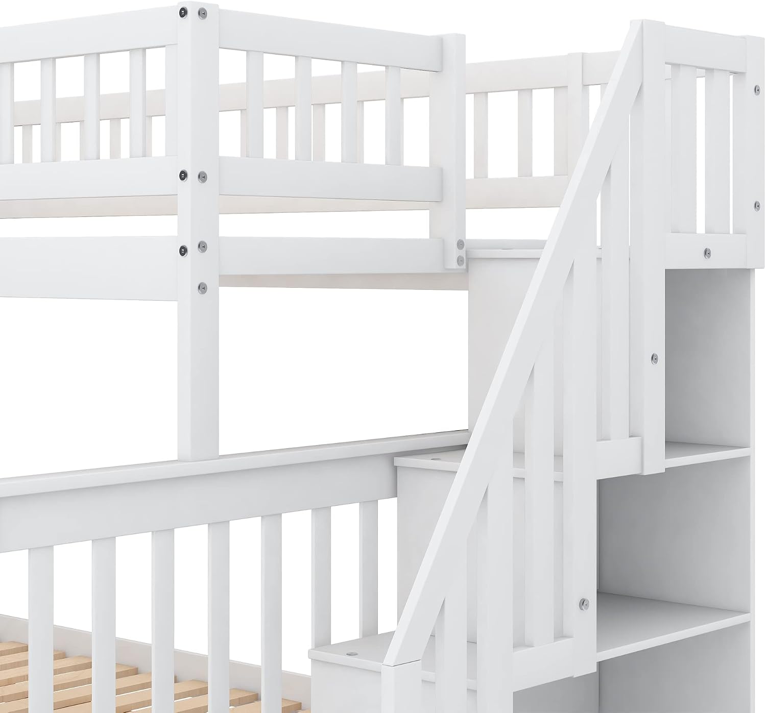 Harper & Bright Designs Twin Over Full Stairway Bunk Bed with Storage, Wood Bunk Bed Frame Can be Divided into Two Beds, White