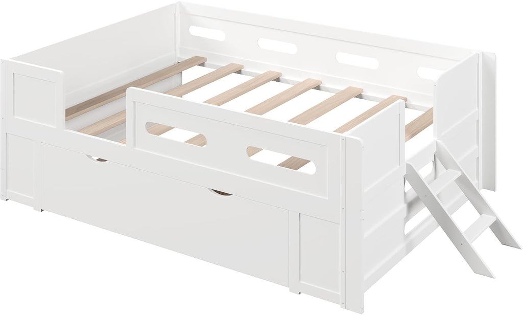 VilroCaz Modern Twin Size Platform Bed with Guardrail and Large Drawer, Wood Kids Platform Bed Frame with Two-Step Ladder for Boys Girls, Sturdy Slats Support (White-1.12T)