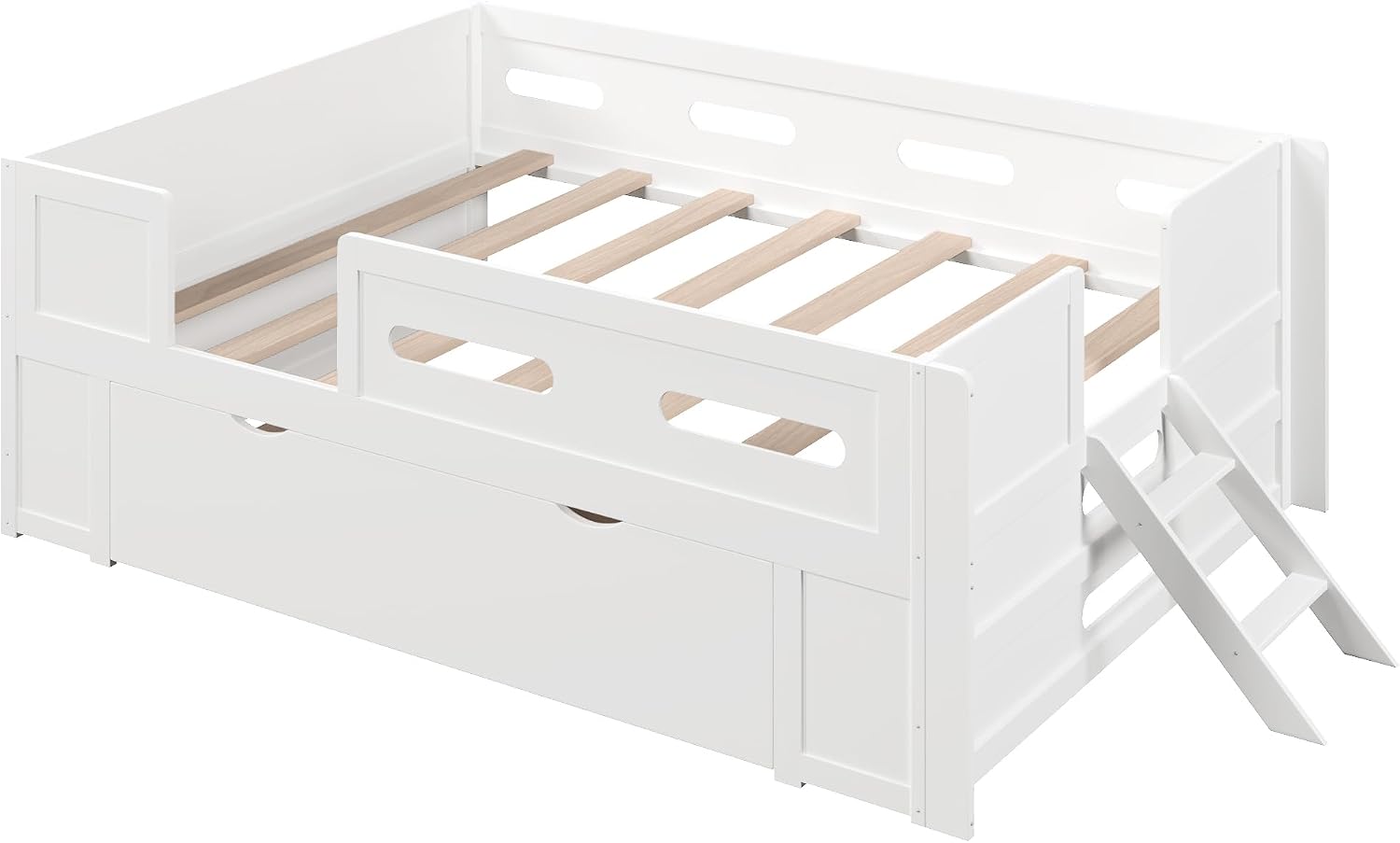 VilroCaz Modern Twin Size Platform Bed with Guardrail and Large Drawer, Wood Kids Platform Bed Frame with Two-Step Ladder for Boys Girls, Sturdy Slats Support (White-1.12T)