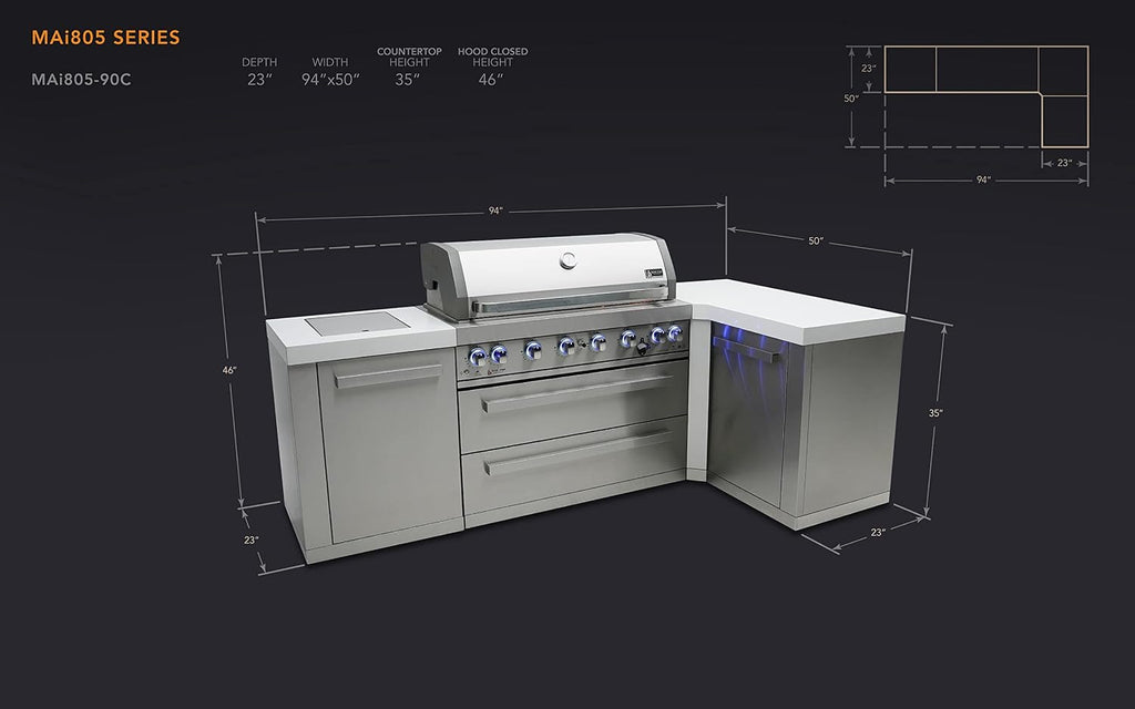 Mont Alpi 94'W x 50'D x 46'H Premium Stainless Steel L-shaped Modular Outdoor Kitchen Island with Infrared Side Burner + 44'W 6-Burner BBQ Gas Grill + Granite Countertops + Storage Cabinets + Drawers