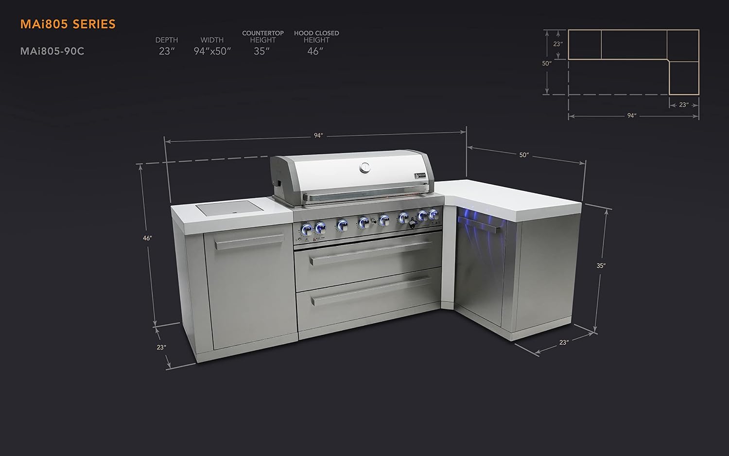 Mont Alpi 94'W x 50'D x 46'H Premium Stainless Steel L-shaped Modular Outdoor Kitchen Island with Infrared Side Burner + 44'W 6-Burner BBQ Gas Grill + Granite Countertops + Storage Cabinets + Drawers