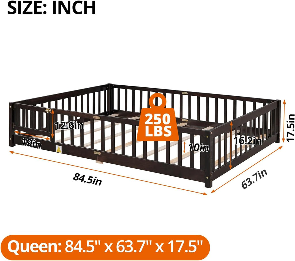 i-POOK Queen Floor Bed for Children, Sturdy Wood Montessori Bed Frame with Wood Slats, High Fence & Small Door for Girls and Boys, Espresso (with Bed Slats)