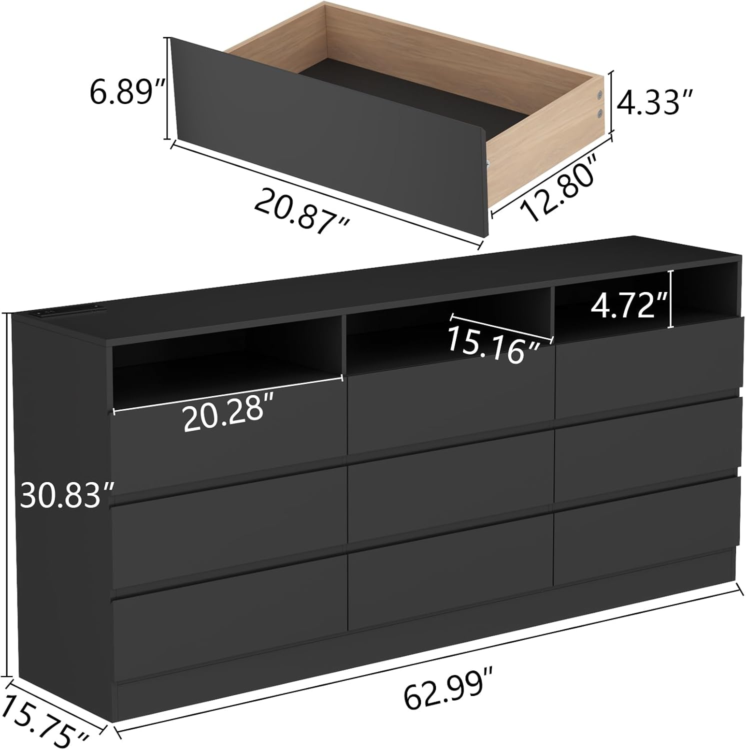 Gyfimoie 9 Drawer Double Dresser with Power Outlet, Accent Chests of Drawers with LED Light, Modern White Storage Dresser with Charging Station (Mirror Not Included) (9 Drawers-Black)