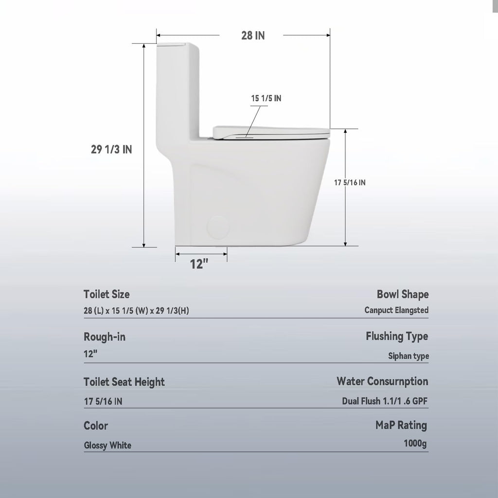 Elongated One Piece Toilet with Comfort Chair Seat ADA Height 17.3' and armrests, Modern Toilets for Bathroom, Powerful Dual Flush 1.1/1.6 GPF Compact Toilet, MAP 1000g, 12' Rough-In, Glossy White