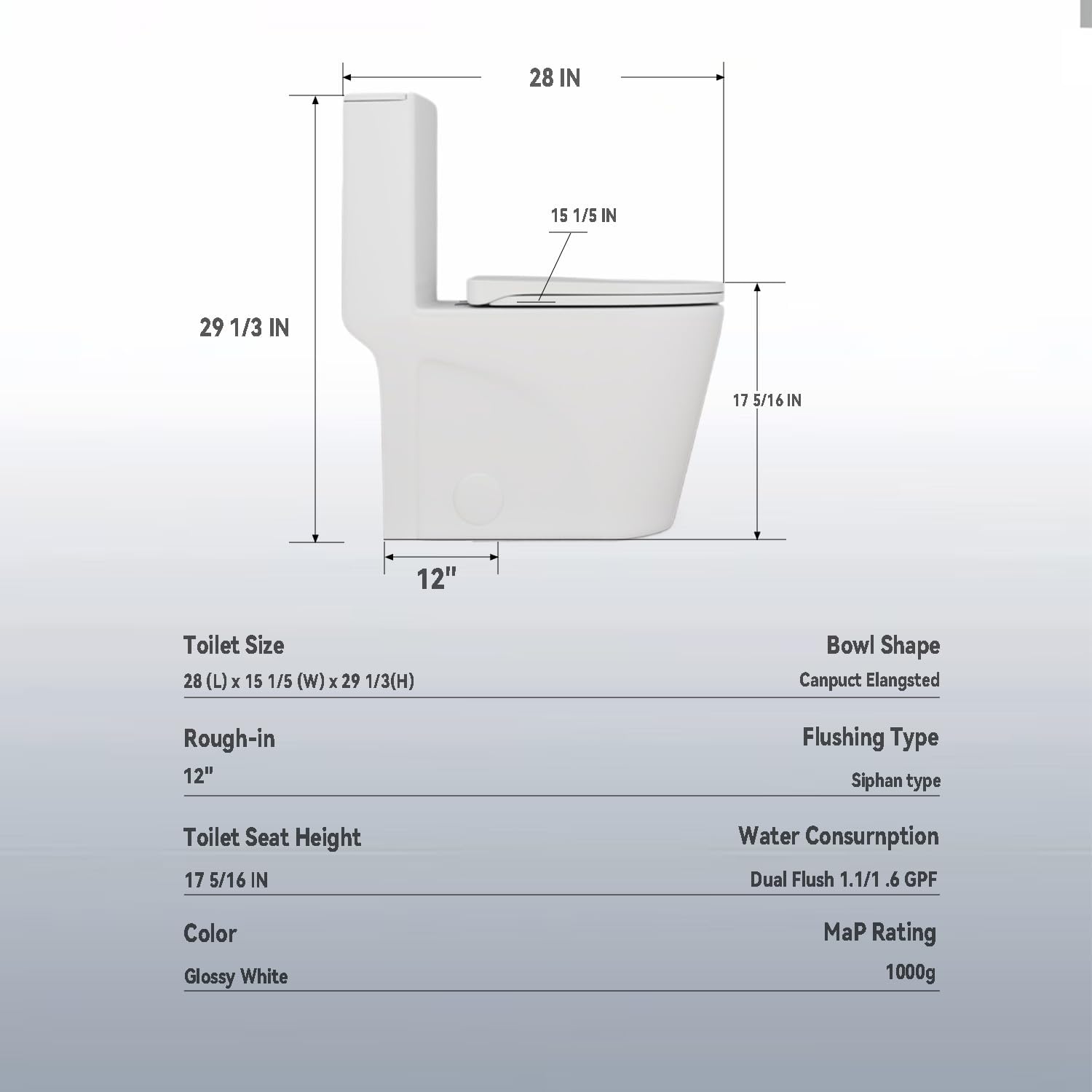 Elongated One Piece Toilet with Comfort Chair Seat ADA Height 17.3' and armrests, Modern Toilets for Bathroom, Powerful Dual Flush 1.1/1.6 GPF Compact Toilet, MAP 1000g, 12' Rough-In, Glossy White