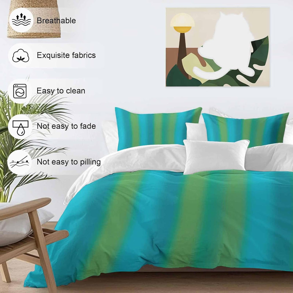 Blue Green Gradient Duvet Cover Set Queen Size 4 Pieces Color Striped Ombre Modern Minimalist Art Bedding Set with Zipper Closure, 1 Comforter Cover 86x86 Inches 1 Flat Sheet & 2 Pillow Cases