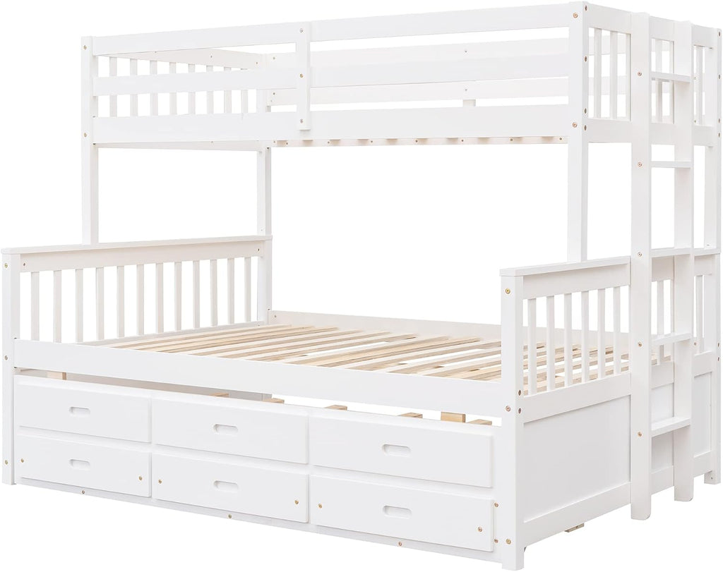 Harper & Bright Designs Twin Over Full Bunk Bed with Trundle, Solid Wood Bunk Bed Frame with Storage Drawers, for Kids Teens Adults (White)