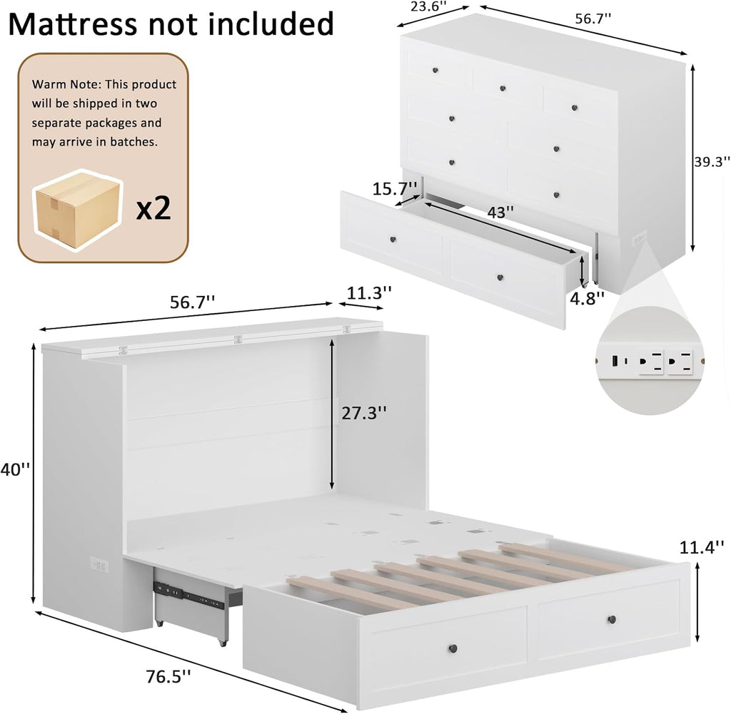 LIVAUVEAD Full Size Murphy Bed with Charging Station & Drawer, Full Size Mobile Cabinet Bed Frame, Murphy Chest Bed for Bedroom, Guest Room