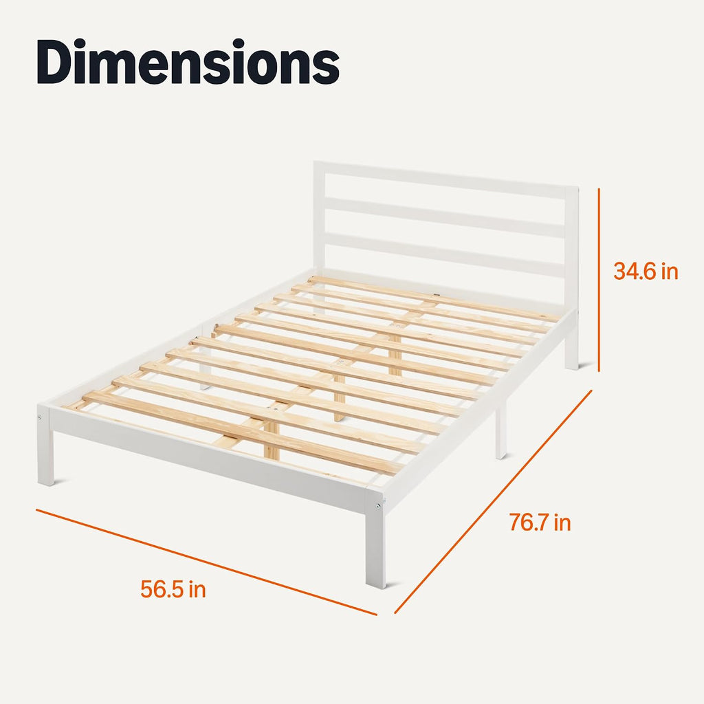 Amazon Basics Full Bed Frame with Headboard, Solid Pine Wood with Bed Slats, White