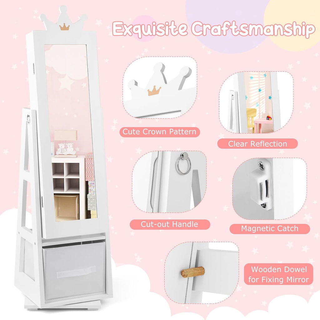 Costzon Kids Vanity & Jewelry Armoire Cabinet, Kids Makeup Vanity Table and Chair Set, 360° Swivel Standing Jewelry Organizer with Full-Length Mirror, Kids Bedroom Furniture Set for Girls (White)