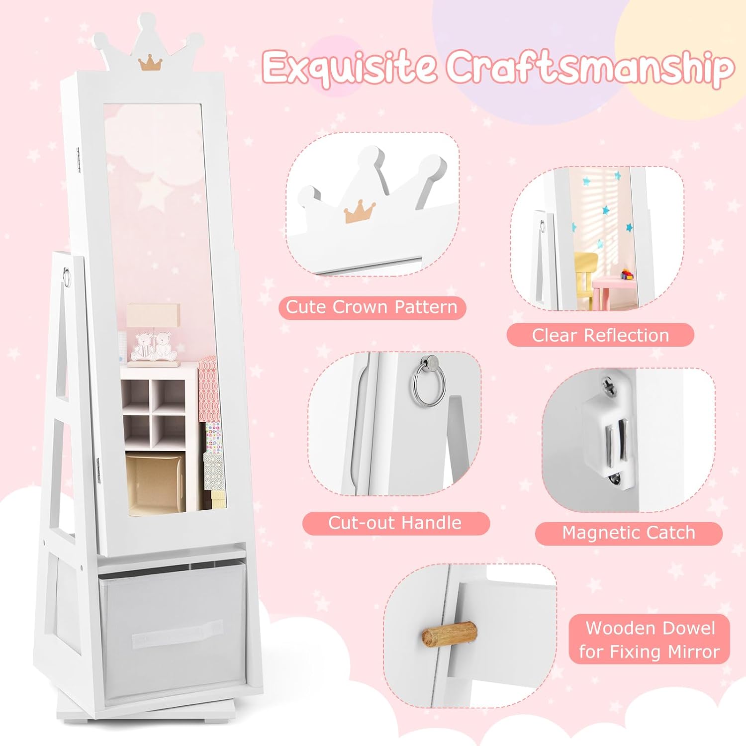 Costzon Kids Vanity & Jewelry Armoire Cabinet, Kids Makeup Vanity Table and Chair Set, 360° Swivel Standing Jewelry Organizer with Full-Length Mirror, Kids Bedroom Furniture Set for Girls (White)