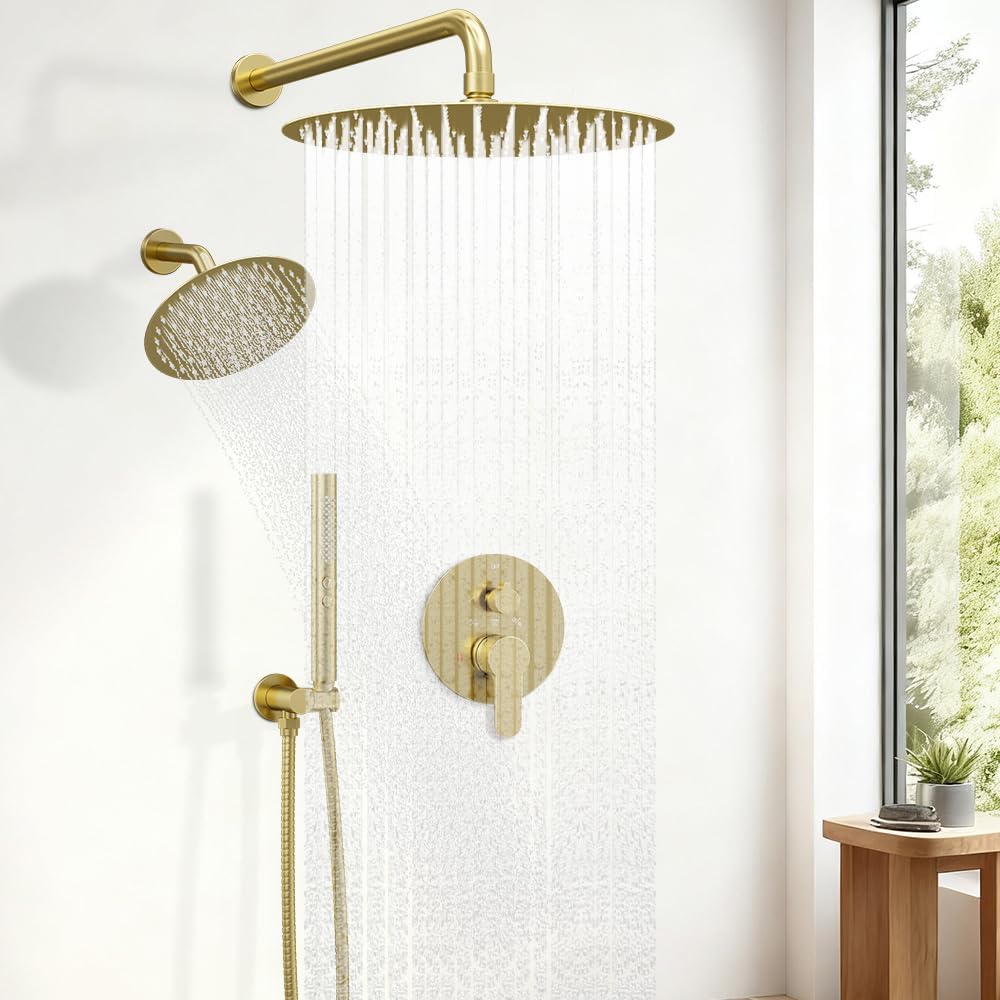Shower Systems STARBATH 12+6' Round Dual Rainfall Shower Head with Handheld Spray for Two People, Wall Mounted 3 Way Rain Shower Faucet Sets Complete, Included Valve and Trim Kit, Brushed Gold