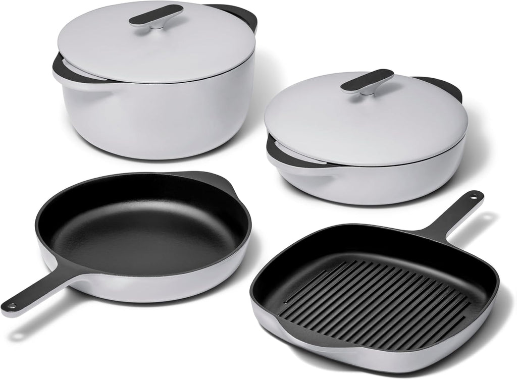 Caraway 8-Piece Enameled Cast Iron Set - 10.5' Skillet, Grill Pan, 3.5 qt Braiser Pan, 6.5 qt Dutch Oven with Lid and Organizers - Non-Toxic 3-Layer Enamel Coating - No Seasoning Required - Gray