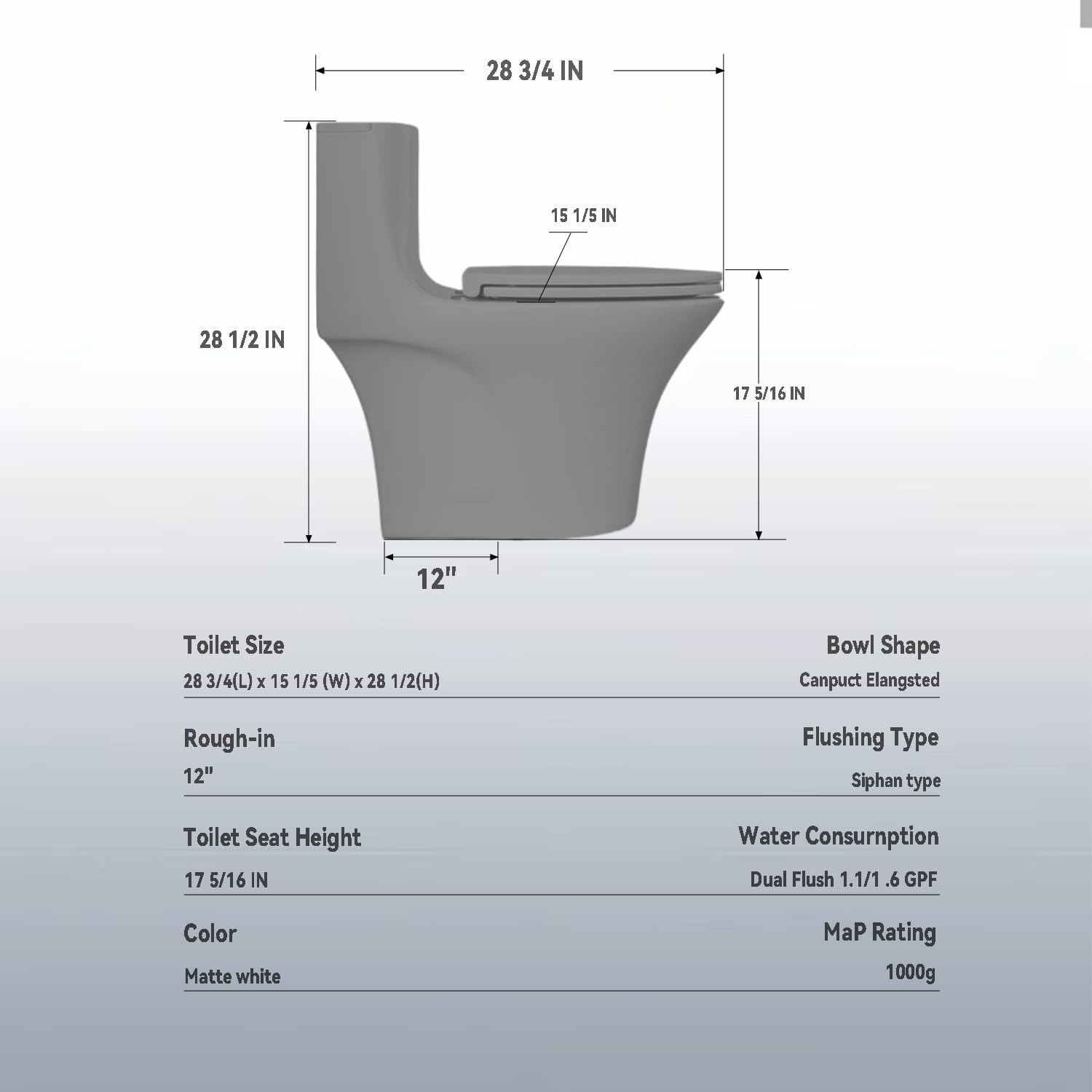 Elongated One Piece Toilet with ADA Comfort Height, Seat Chair Height 17.3' Modern Toilet for Bathroom, Dual Flush 0.8/1.6 GPF, MAP 1000g, 12' Rough-In, Soft Closing Seat, Light gray