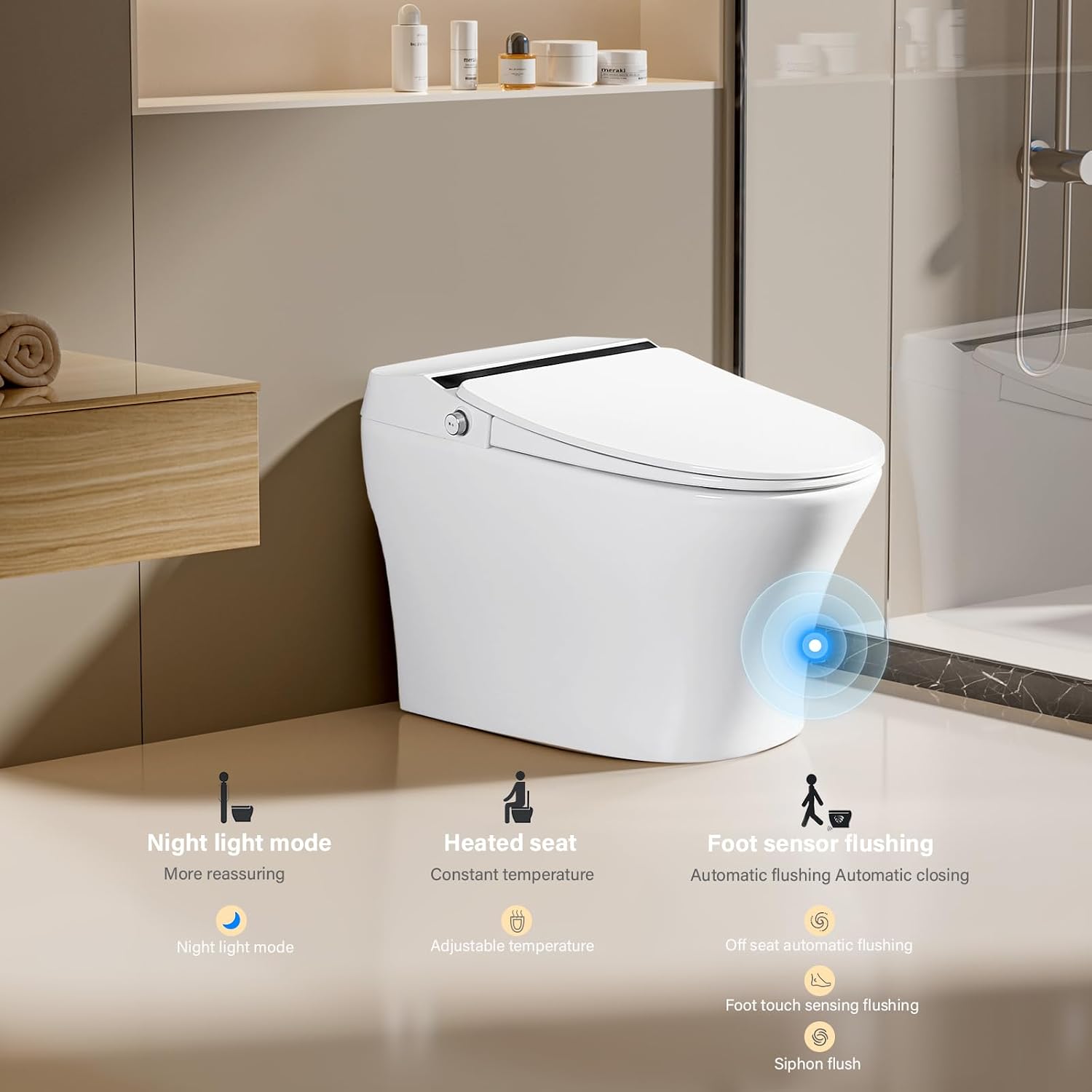 Vanity Art Smart Toilet with Bidet, 1-Piece Toilet with Heated Seat, 1.28 GPF Elongated toilet in White w/Auto Flush, Seating Sensor, Foot Induction Flush VAST68A1