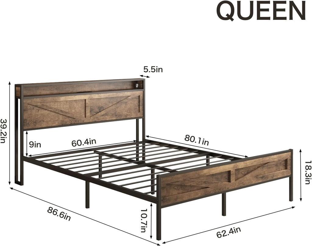 Halitaa LED Queen Size Bed Frame with Charging Station, Platform Metal Bed with Headboard Storage & USB Ports Outlets, Farmhouse Bed Frame with Lights for Bedroom, Noise Free, Brown (Queen)