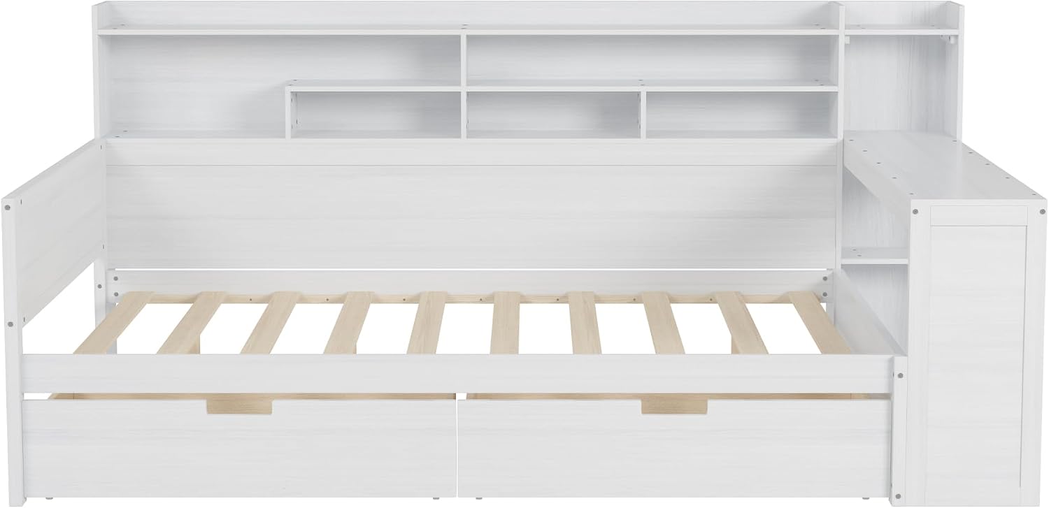 Full Size Daybed with Desk,Storage Drawers and Shelves, Pine Wood Captains Bed Frame with Bookcase and Headboard for Kids Boys Girls Teens, Antique White
