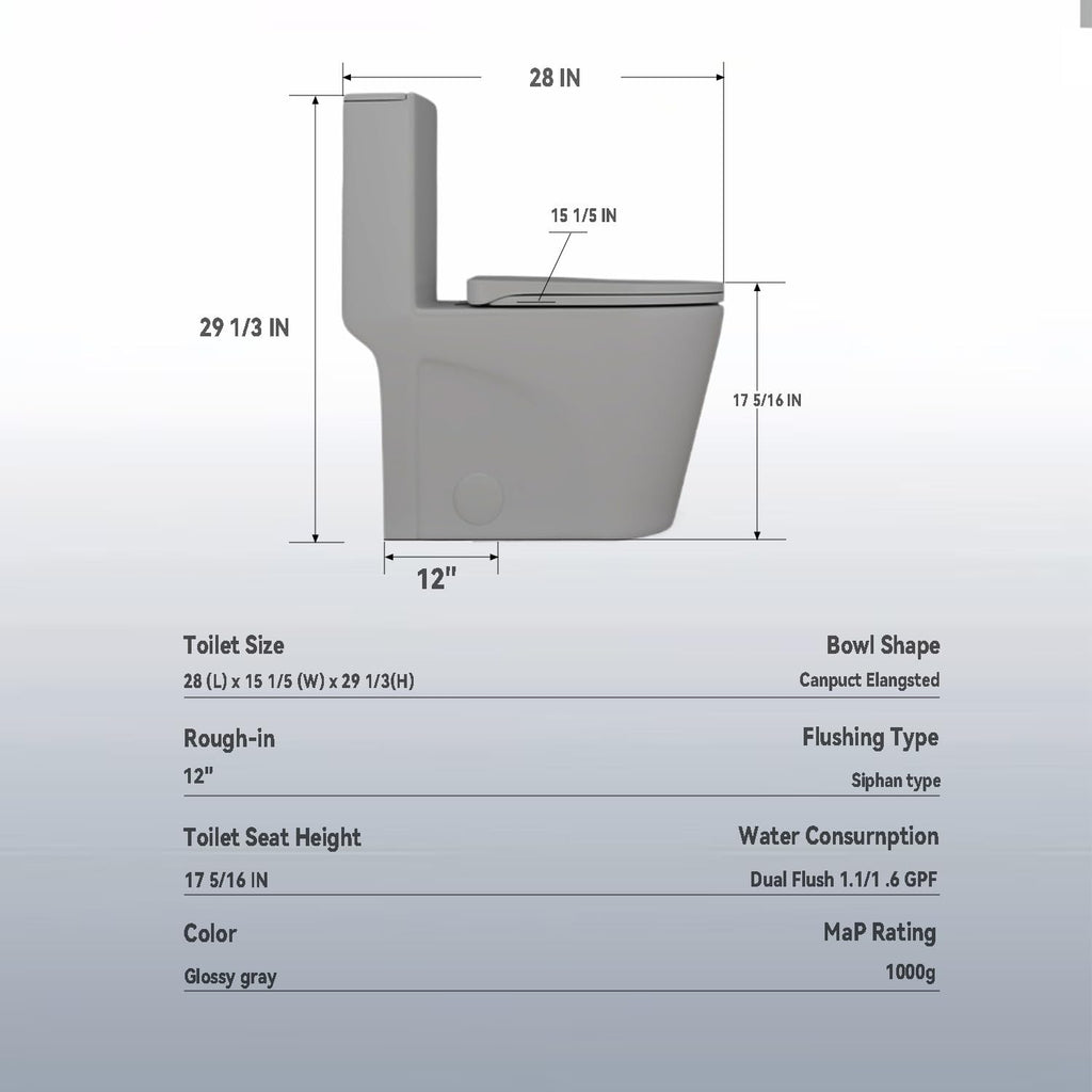 Elongated One Piece Toilet with Comfort Chair Seat ADA Height 17.3' Modern Toilet for Bathroom, Dual Flush 0.8/1.6 GPF and MAP 1000g, 12' Rough-In, Soft Closing Seat, Light gray