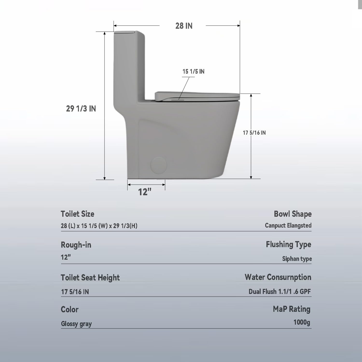 Elongated One Piece Toilet with Comfort Chair Seat ADA Height 17.3' Modern Toilet for Bathroom, Dual Flush 0.8/1.6 GPF and MAP 1000g, 12' Rough-In, Soft Closing Seat, Light gray