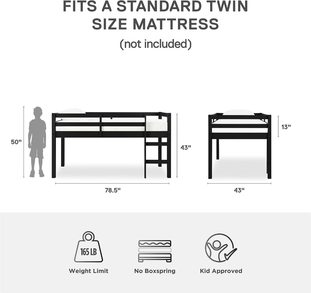 DHP Milton Twin Loft Bed with Safety Guard Rail, Black, Space Saving Junior Size, Pine Wood